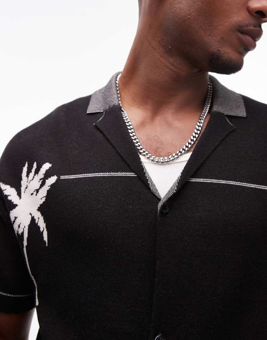 Topman stickad polotröja med palmembroderi i svart - Image 4
