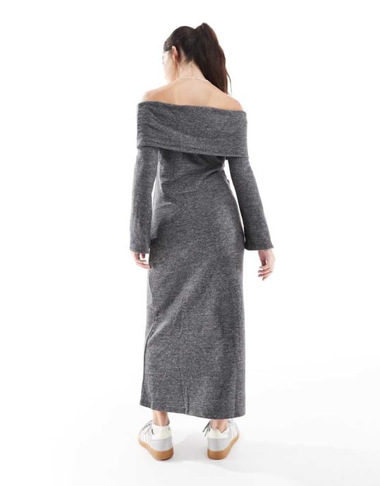 Vero Moda supersoft off shoulder ankellång klänning i mörkgrå melange - Image 3