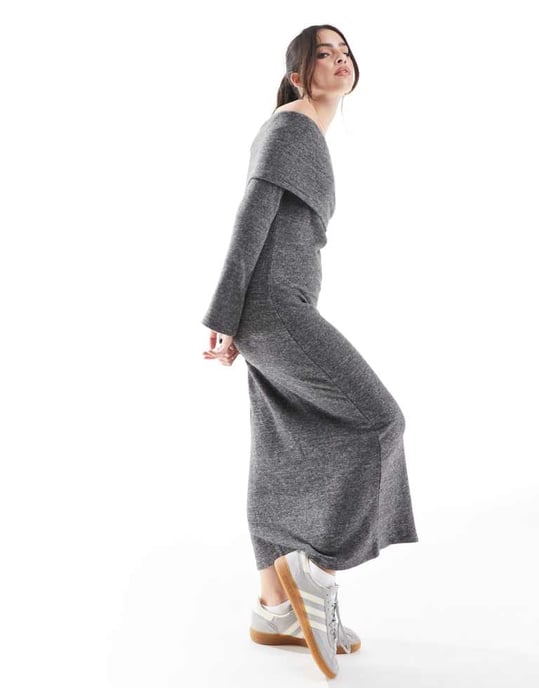 Vero Moda supersoft off shoulder ankellång klänning i mörkgrå melange - Image 4