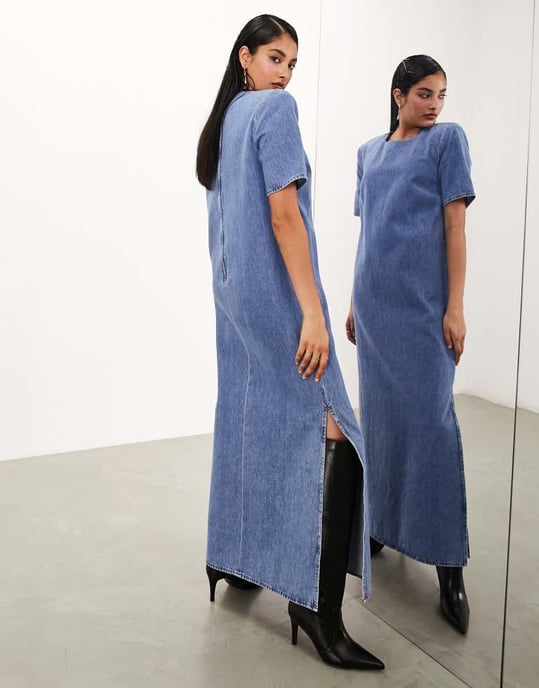 ASOS EDITION denim axelpadds midaxi klänning i blått - Image 4