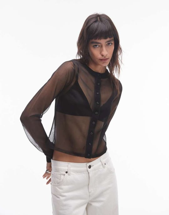 Topshop stickad genomskinlig skjorta i svart - Image 1