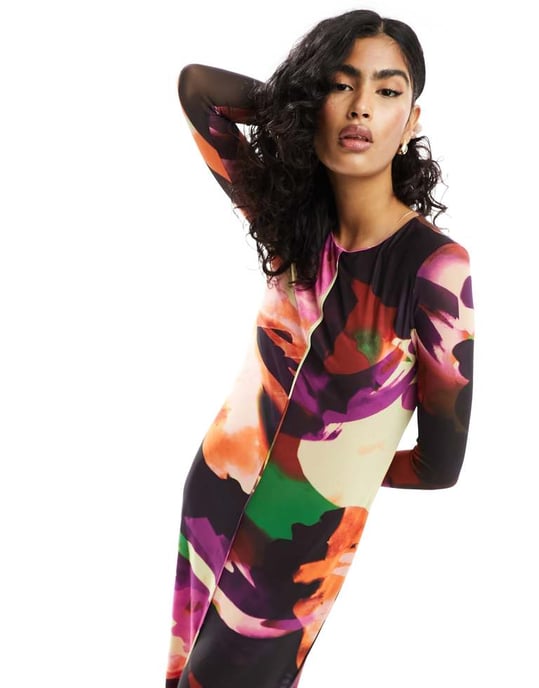 Vero Moda långärmad klänning med salladskant i mesh med abstrakt mönster - Image 4