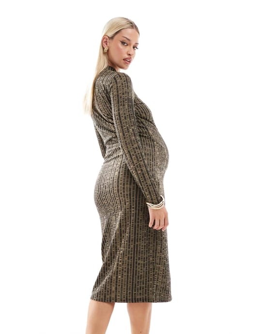 Mamalicious graviditetsklänning i texturerad ribbjersey i brun melange - Image 4