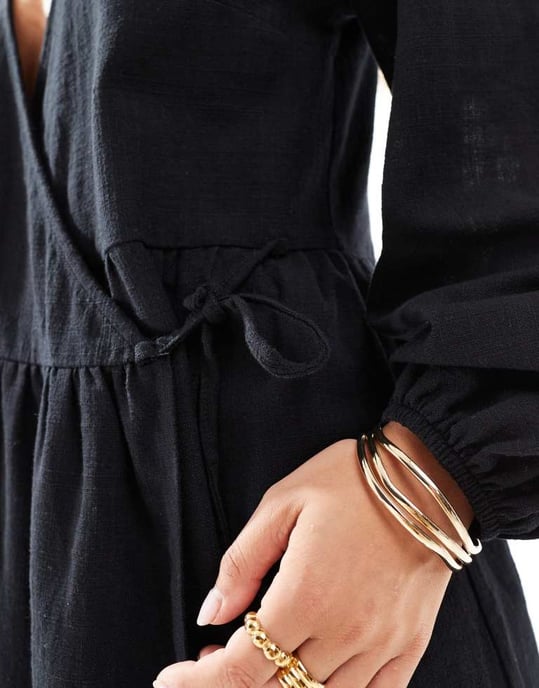 ASOS DESIGN smockklänning med omslag framtill i svart - Image 3