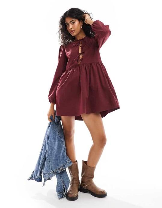 ASOS DESIGN poplin knytfront långärmad klänning i bordeaux - Image 2