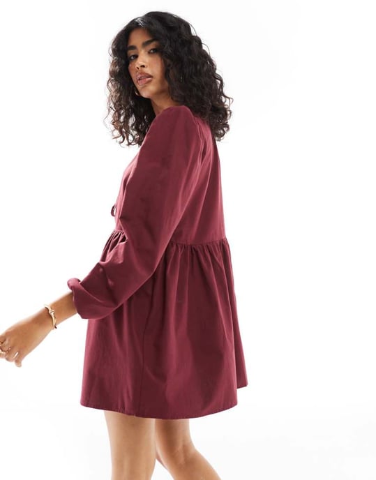 ASOS DESIGN poplin knytfront långärmad klänning i bordeaux - Image 3