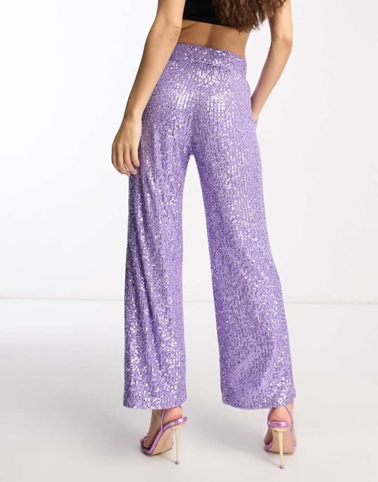 ASOS DESIGN Petite raka paljettanklarbyxor i lila - Image 2
