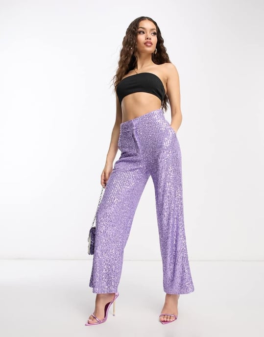 ASOS DESIGN Petite raka paljettanklarbyxor i lila - Image 4