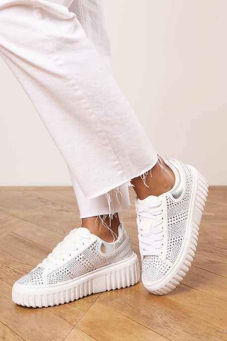 Where's That From Womens 'Eliane' White and Silver Lace Up Trainer with Diamante pattern and chunky sole - Image 1