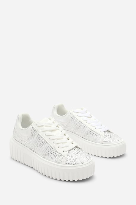 Where's That From Womens 'Eliane' White and Silver Lace Up Trainer with Diamante pattern and chunky sole - Image 2
