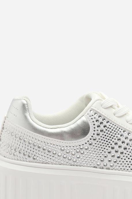 Where's That From Womens 'Eliane' White and Silver Lace Up Trainer with Diamante pattern and chunky sole - Image 4
