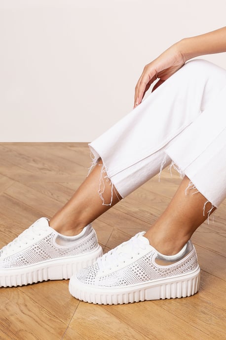 Where's That From Womens 'Eliane' White and Silver Lace Up Trainer with Diamante pattern and chunky sole - Image 5