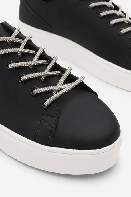 Where's That From Womens 'Florina' Black Low Wedge Trainer with Silver Lace up detail - Image 2