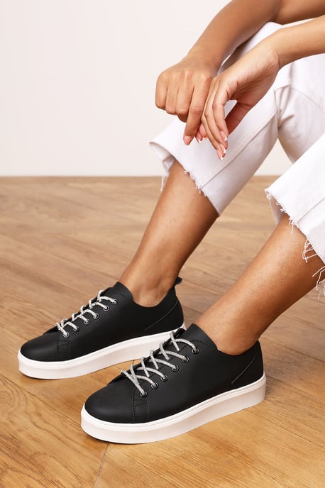 Where's That From Womens 'Florina' Black Low Wedge Trainer with Silver Lace up detail - Image 4