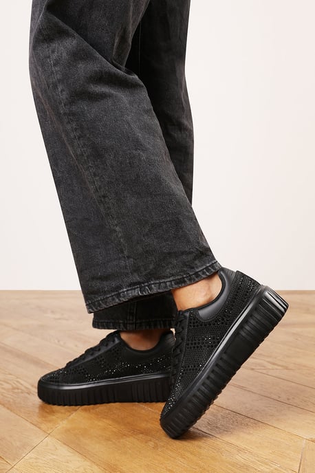 Where's That From Womens 'Eliane' Black Lace Up Trainer with Diamante pattern and chunky sole - Image 1