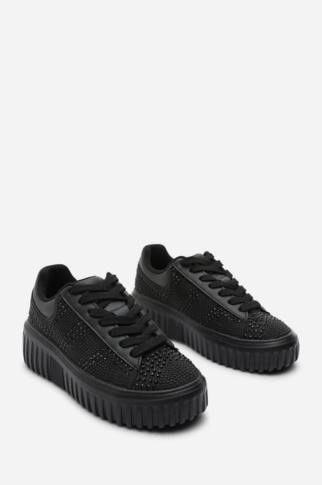 Where's That From Womens 'Eliane' Black Lace Up Trainer with Diamante pattern and chunky sole - Image 2