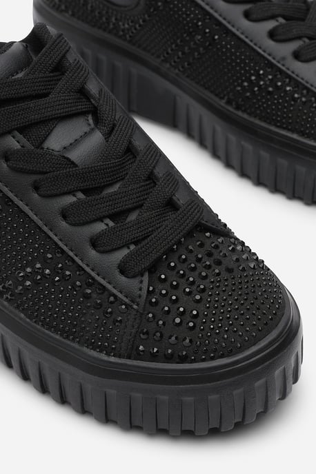 Where's That From Womens 'Eliane' Black Lace Up Trainer with Diamante pattern and chunky sole - Image 4