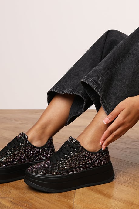 Where's That From Womens 'Darcia' Black Wedge Lace Up trainer with Black diamante Detail - Image 1