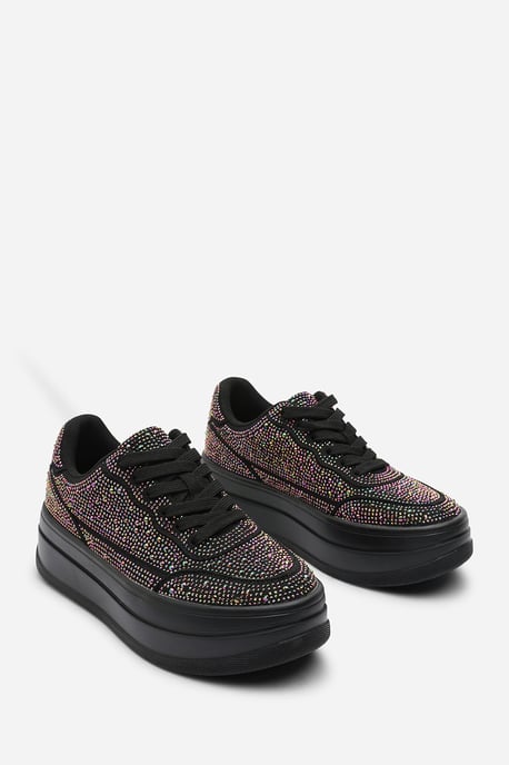 Where's That From Womens 'Darcia' Black Wedge Lace Up trainer with Black diamante Detail - Image 2