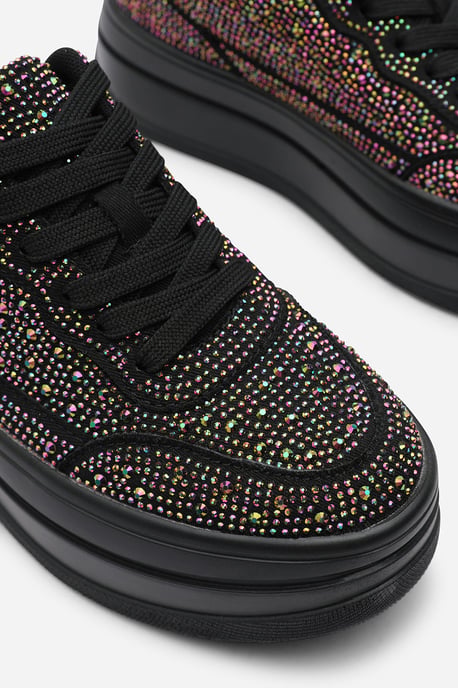 Where's That From Womens 'Darcia' Black Wedge Lace Up trainer with Black diamante Detail - Image 3