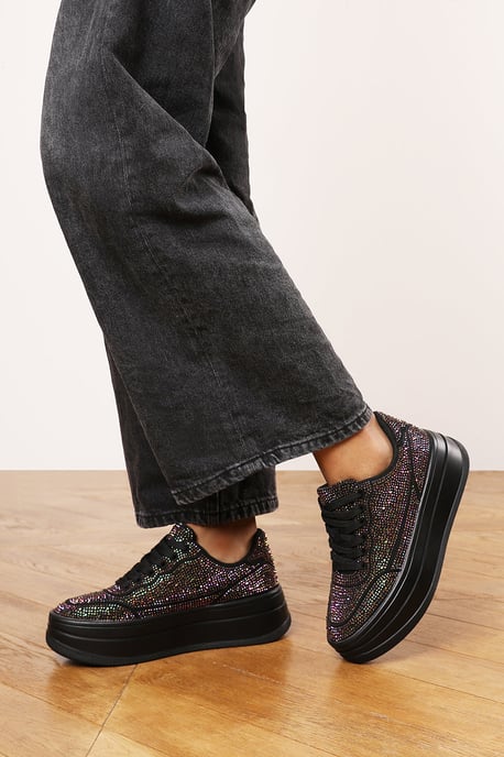 Where's That From Womens 'Darcia' Black Wedge Lace Up trainer with Black diamante Detail - Image 5
