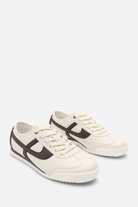 Where's That From Womens 'Caia' Beige Court Lace up Trainer with Brown Stripe detail - Image 2