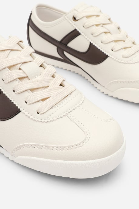 Where's That From Womens 'Caia' Beige Court Lace up Trainer with Brown Stripe detail - Image 3