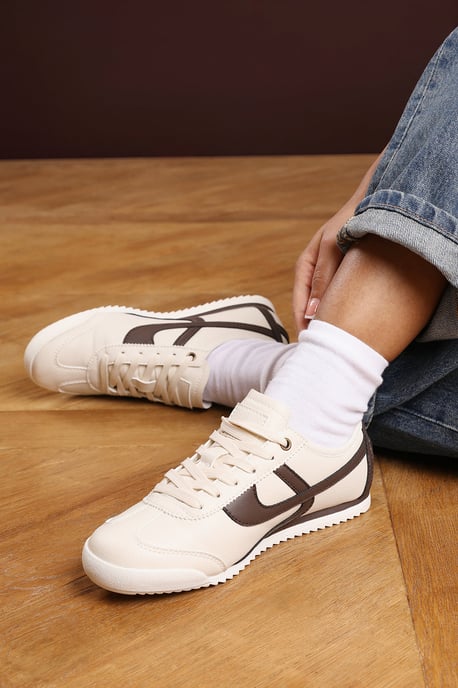 Where's That From Womens 'Caia' Beige Court Lace up Trainer with Brown Stripe detail - Image 6