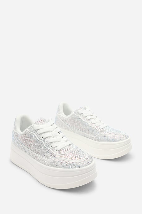 Where's That From Womens 'Darcia' White Wedge Lace Up trainer with Silver diamante Detail - Image 2