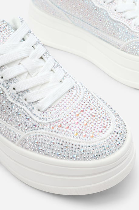 Where's That From Womens 'Darcia' White Wedge Lace Up trainer with Silver diamante Detail - Image 3
