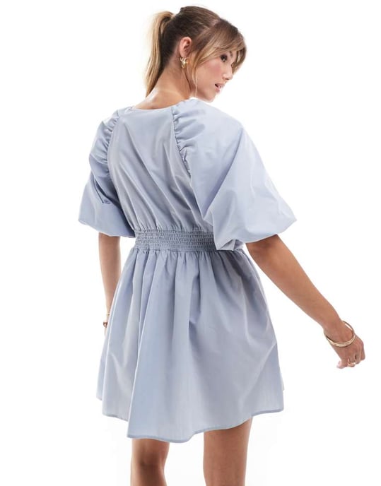 ASOS DESIGN dubbel rosett-front mini klänning med puffärmar i ljusblå - Image 4