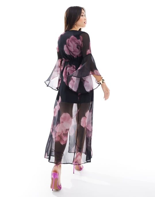 Miss Selfridge chiffongklänning med utsvängda ärmar i suddig blomsterdesign - Image 3
