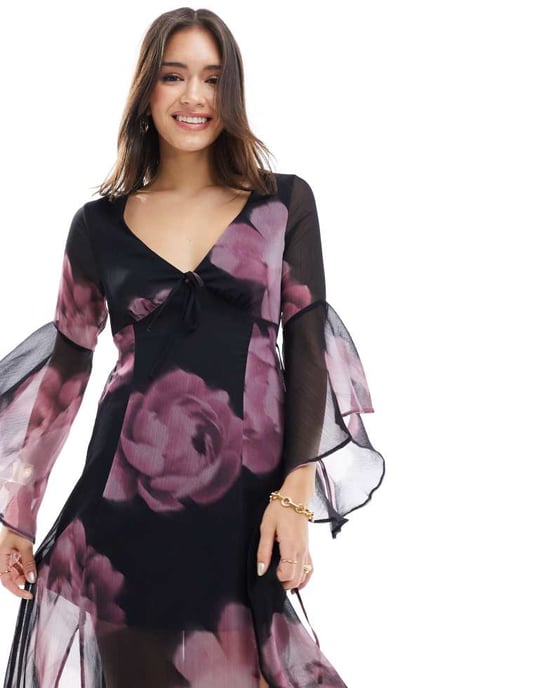 Miss Selfridge chiffongklänning med utsvängda ärmar i suddig blomsterdesign - Image 4