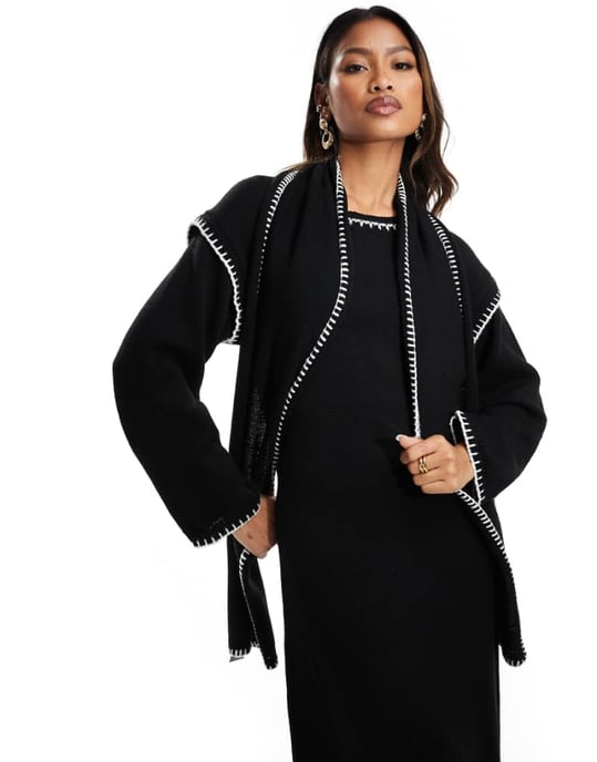 Kaiia exclusive contrast stitch scarf detail maxi jumper dress in black - Image 1
