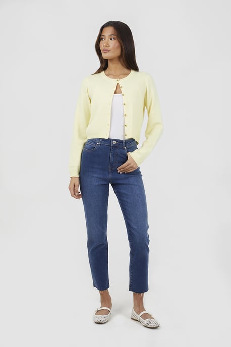 Mid Blue High Waist Raw Hem Mom Jeans - Image 3