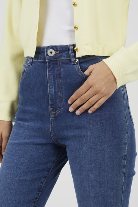 Mid Blue High Waist Raw Hem Mom Jeans - Image 4