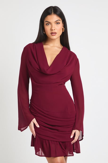Cowl Long Sleeve Mini Dress - Image 1