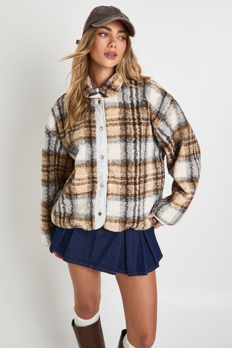 Check Print Boxy Teddy Jacket - Image 1