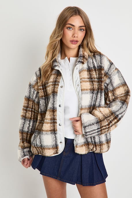 Check Print Boxy Teddy Jacket - Image 3