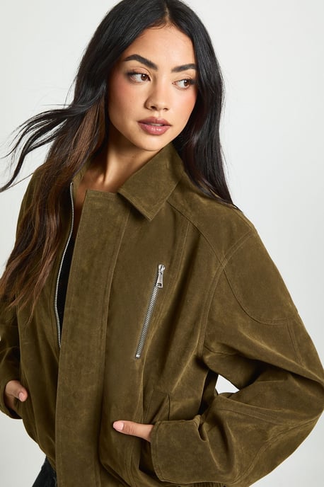 Boxy Suede Bomber Jacket - Image 4