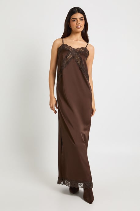 Satin Lace Mix Column Maxi Dress - Image 1