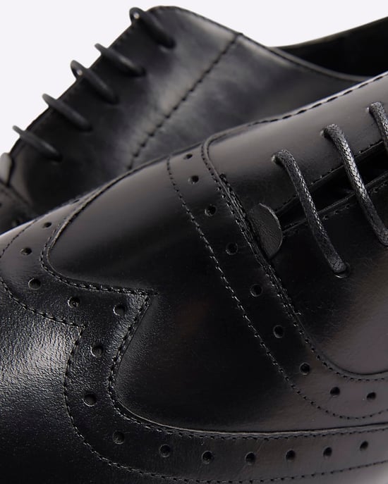 River Island Mens Oxford Brogue Shoes Black Leather Wide Fit - Image 4