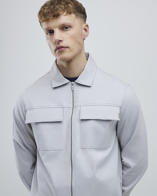 River Island Mens Overshirt Grey Regular Fit Zipper - Image 2