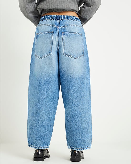 River Island Womens Barrel Jeans Petite Blue Denim Elasticated - Image 3