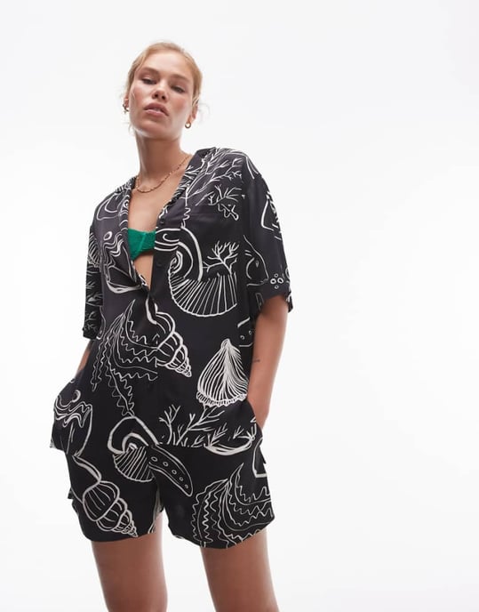 Topshop koord satintryckt skalshorts i svart - Image 1