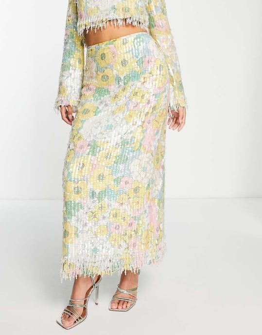 ASOS EDITION pastellblommig mönstrad och paljetterad midikjol med fransar - Image 2