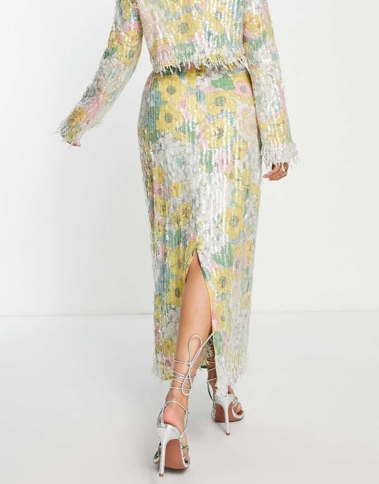 ASOS EDITION pastellblommig mönstrad och paljetterad midikjol med fransar - Image 4