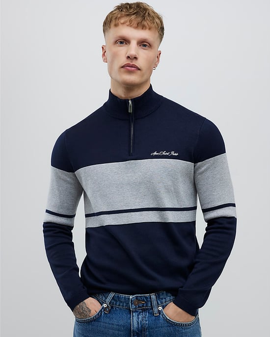 River Island Mens Jumper Navy Slim Fit Colour Block Half Zip - Image 1