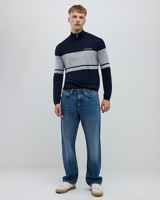 River Island Mens Jumper Navy Slim Fit Colour Block Half Zip - Image 2