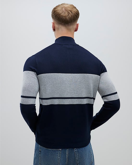 River Island Mens Jumper Navy Slim Fit Colour Block Half Zip - Image 3